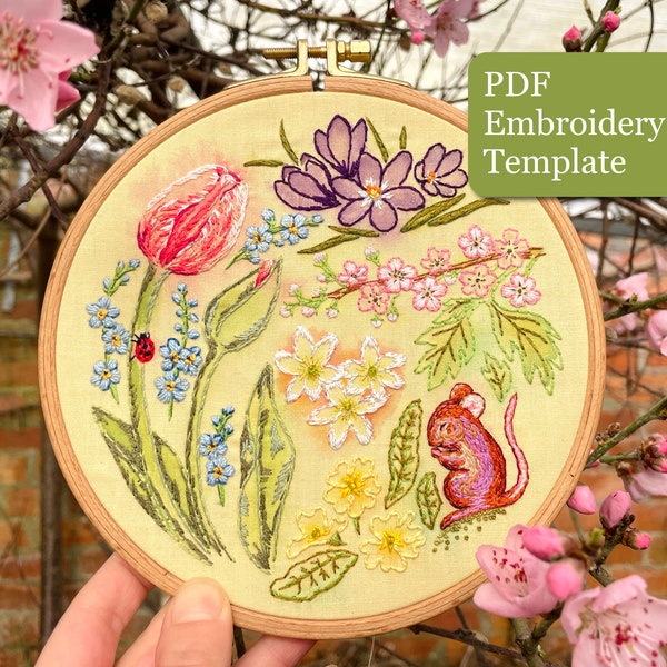 Spring Blooms Embroidery PDF pattern, Downloadable hand embroidery template & guide. Flowers, blossoms, ladybird and mouse, painterly style.