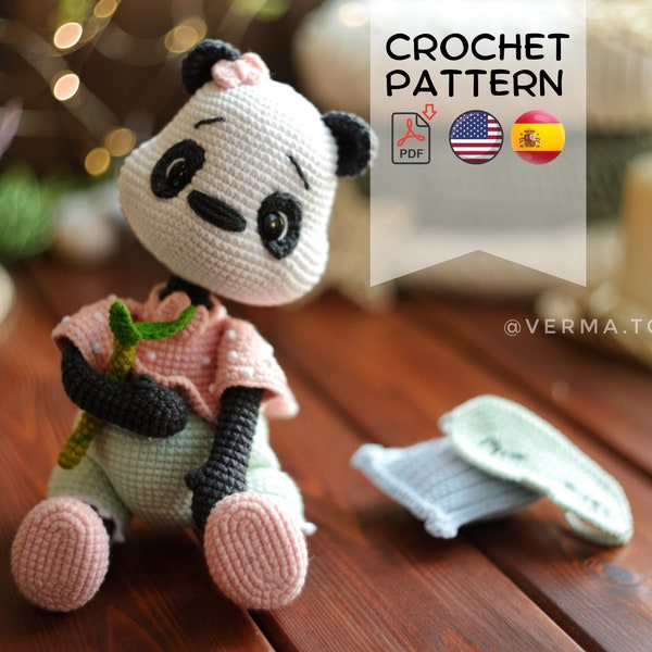 Crochet pattern cute panda Moon doll PDF english spanish