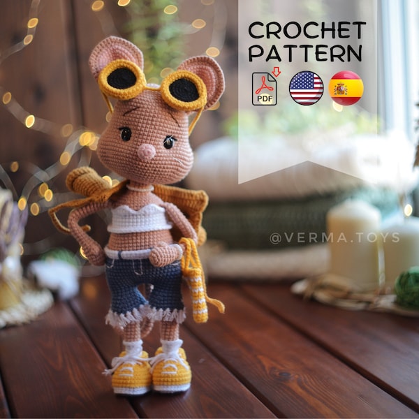 Crochet pattern cute mouse Pixie doll english spanish PDF