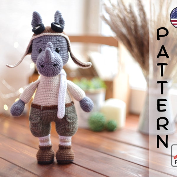 Crochet pattern amigurumi rhino aviator PDF