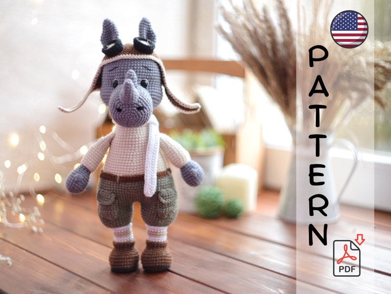 Crochet pattern amigurumi rhino aviator PDF image 1