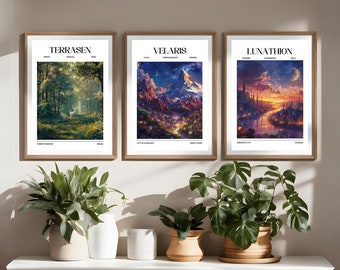 Maasverse stadsgezicht kunstafdrukken: Velaris, Terrasen, Lunathion (digitale download)