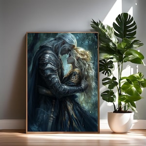 Puede incluir: Una pintura de una pareja abraz&aacute;ndose. El hombre tiene el pelo largo y blanco y lleva una armadura oscura. La mujer tiene el pelo largo y rubio y lleva un vestido fluido. El fondo es un bosque oscuro.
