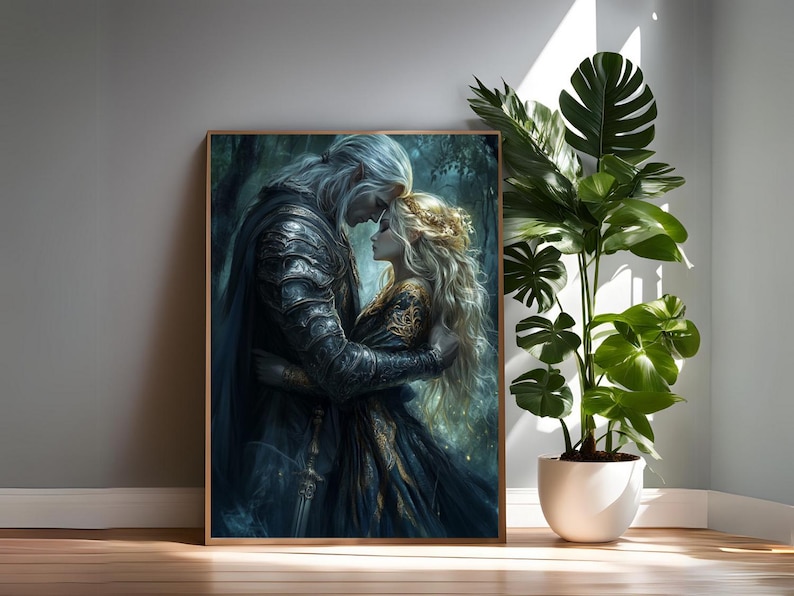 Puede incluir: Una pintura de una pareja abraz&aacute;ndose. El hombre tiene el pelo largo y blanco y lleva una armadura oscura. La mujer tiene el pelo largo y rubio y lleva un vestido fluido. El fondo es un bosque oscuro.