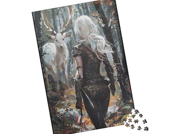 May include: A woman with long white hair wearing a dark leather outfit stands in a forest with a white deer. The woman is holding a sword in her right hand. The deer is looking at the woman.