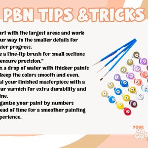 K&ouml;nnte beinhalten: Grafik mit dem Text "PBN TIPS & TRICKS" und Tipps f&uuml;r Malen-nach-Zahlen-Projekte. Das Bild zeigt Pinsel, nummerierte Farbt&ouml;pfe und das Logo "Your Bookish Emporium".