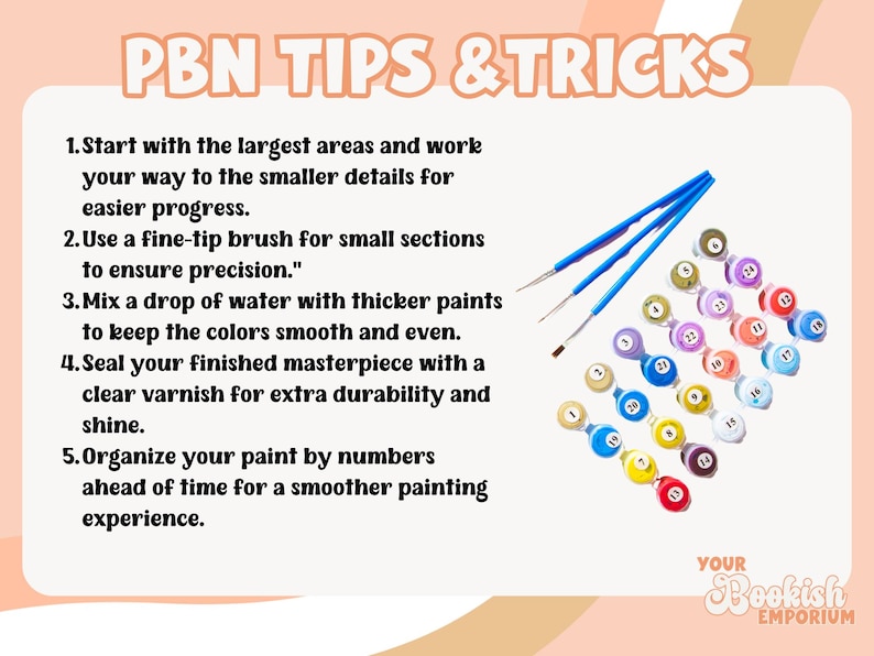 K&ouml;nnte beinhalten: Grafik mit dem Text "PBN TIPS & TRICKS" und Tipps f&uuml;r Malen-nach-Zahlen-Projekte. Das Bild zeigt Pinsel, nummerierte Farbt&ouml;pfe und das Logo "Your Bookish Emporium".