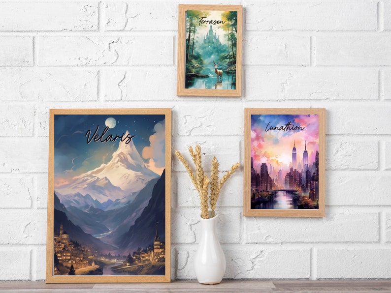 May include: Three framed prints with different landscapes. The first print features a mountain range with a village at the base, the second print features a forest with a deer, and the third print features a city skyline with a river.