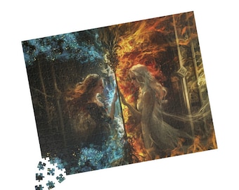 May include: A jigsaw puzzle featuring two women standing back to back, one with blue and the other with orange flames behind them. The woman on the left is wearing a white dress and the woman on the right is wearing a white dress. The puzzle is made of 1000 pieces.