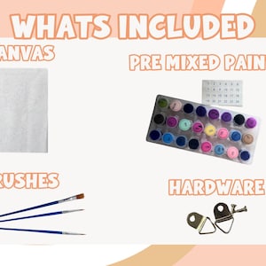 K&ouml;nnte beinhalten: Ein Malen-nach-Zahlen-Set, das eine Leinwand, vorgemischte Farben, Pinsel und Hardware enth&auml;lt. Das Set enth&auml;lt eine Leinwand mit nummerierten Abschnitten, eine Palette mit bunten Farben, drei Pinsel und Aufh&auml;ngematerial.