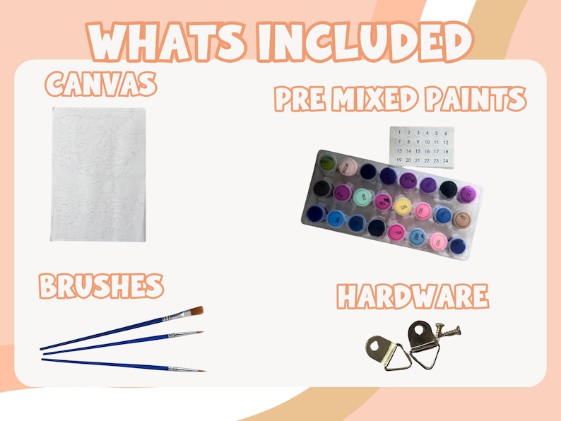 K&ouml;nnte beinhalten: Ein Malen-nach-Zahlen-Set, das eine Leinwand, vorgemischte Farben, Pinsel und Hardware enth&auml;lt. Das Set enth&auml;lt eine Leinwand mit nummerierten Abschnitten, eine Palette mit bunten Farben, drei Pinsel und Aufh&auml;ngematerial.