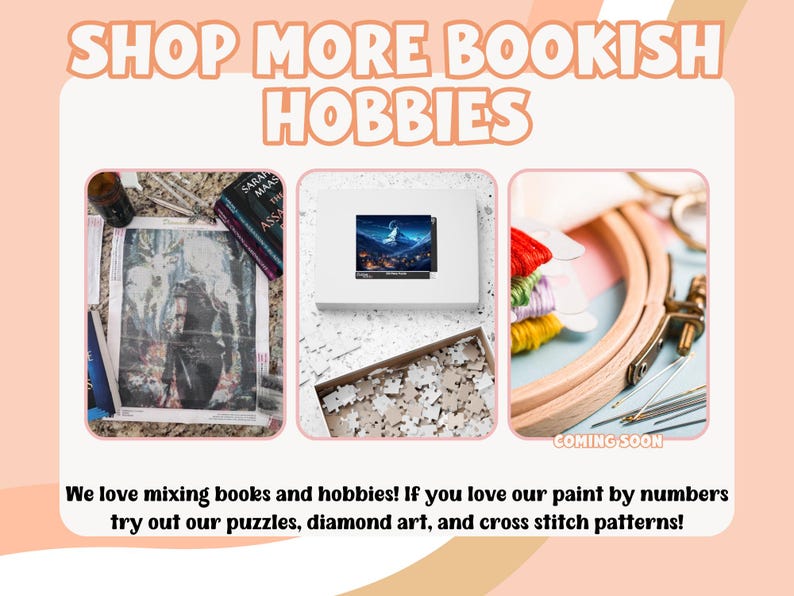K&ouml;nnte beinhalten: Werbung f&uuml;r buchbezogene Hobbys. Das Bild zeigt Diamond Painting, ein Puzzle und Kreuzstichzubeh&ouml;r. Der Text lautet "SHOP MORE BOOKISH HOBBIES" und "We love mixing books and hobbies!" mit einem Hinweis "COMING SOON".