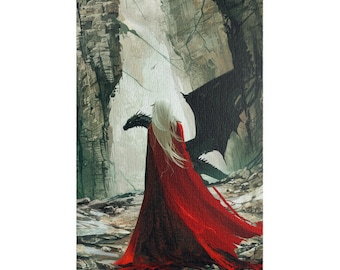 Puede incluir: Una mujer con el pelo largo y blanco que lleva una capa roja se encuentra en un paisaje rocoso con un dragón negro detrás de ella.