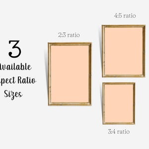 May include: Three framed prints in different aspect ratios: 2:3, 4:5, and 3:4. The frames are gold-colored, and the prints have a peach-colored background. Text reads "3 Available Aspect Ratio Sizes."