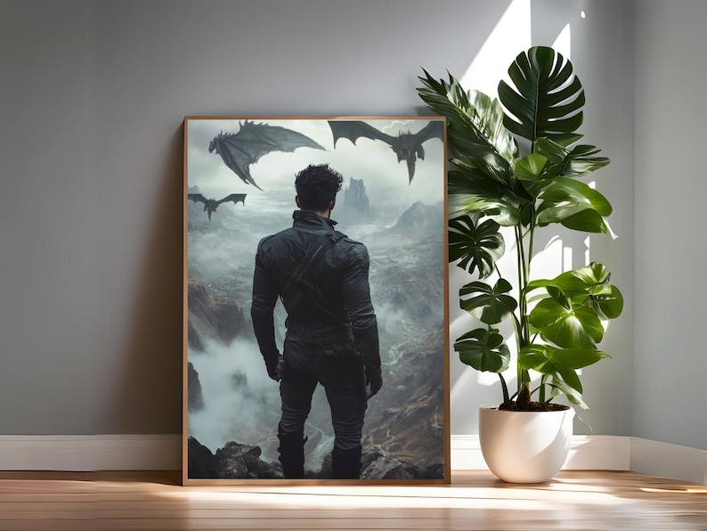 May include: A man in a black jacket stands on a cliff overlooking a foggy landscape with three black dragons flying overhead.