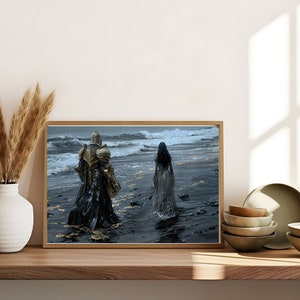 May include: A framed painting depicting a figure in armour walking away from a woman in a long white dress on a beach. The background is a stormy sea with waves crashing on the shore.