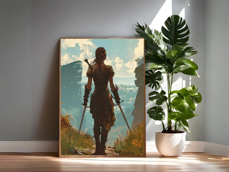 May include: A digital painting of a woman in a brown dress and boots, holding two swords, standing on a path in a forest. The background is a landscape with mountains and trees.