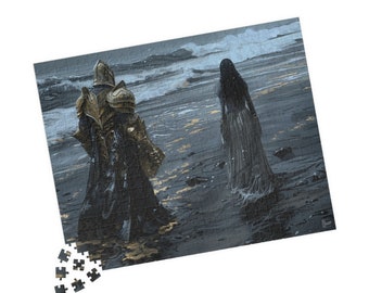 May include: A painting of a figure in armor standing on a beach with a woman in a white dress. The figure in armor is wearing a gold helmet and a black cloak. The woman is standing with her back to the viewer. The beach is a dark gray color and the water is a light blue color.