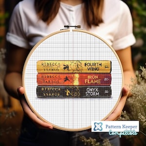 May include: A cross-stitch project featuring three stacked books with the titles "Fourth Wing", "Iron Flame", and "Onyx Storm". The books are in a wooden embroidery hoop, with a grid pattern visible. The project is held by a person.