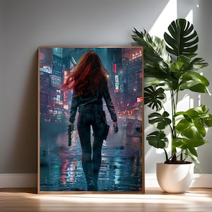 May include: A woman with long red hair walks through a rainy city street at night. She is wearing a black leather jacket and jeans. The city lights reflect in the wet pavement.