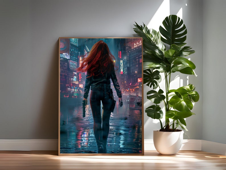 May include: A woman with long red hair walks through a rainy city street at night. She is wearing a black leather jacket and jeans. The city lights reflect in the wet pavement.