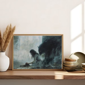 May include: A framed painting depicting a woman in a white dress with a dark wolf-like creature behind her. The painting is set against a misty, blue and green background.