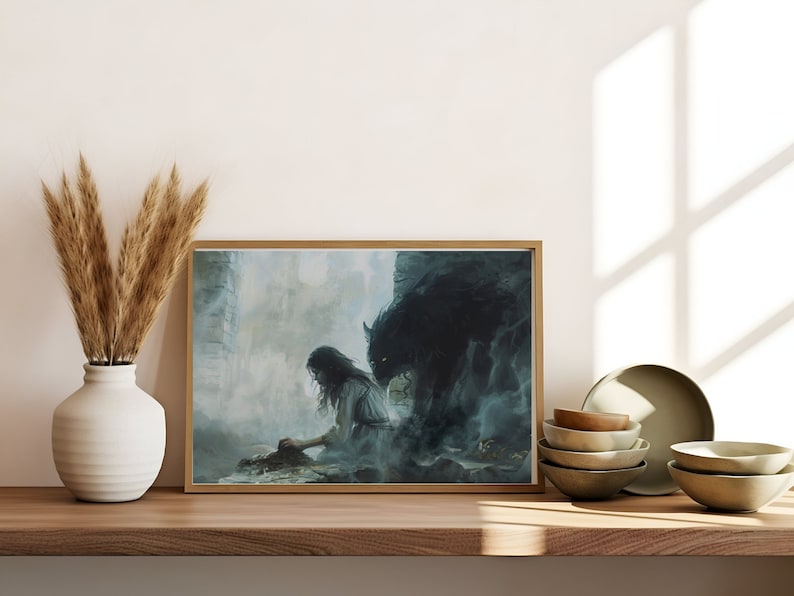 May include: A framed painting depicting a woman in a white dress with a dark wolf-like creature behind her. The painting is set against a misty, blue and green background.