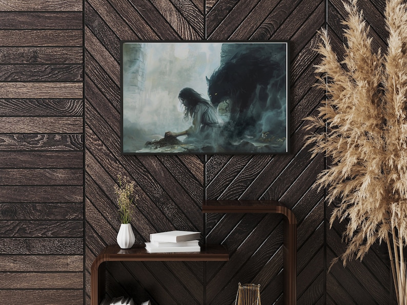 May include: A framed painting depicting a woman with long dark hair sitting on the ground with a large wolf-like creature behind her. The painting is set against a dark, misty background.