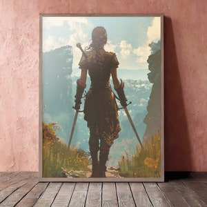 May include: A woman in a brown leather outfit stands on a cliff overlooking a valley. She is holding two swords and is looking out at the view. The sky is blue and there are clouds in the distance.
