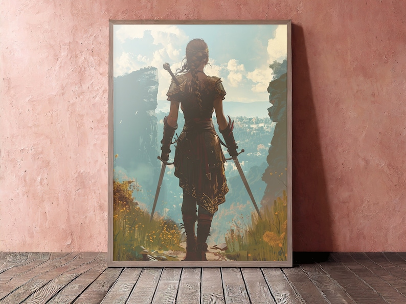 May include: A woman in a brown leather outfit stands on a cliff overlooking a valley. She is holding two swords and is looking out at the view. The sky is blue and there are clouds in the distance.