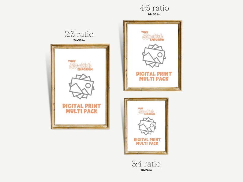 Puede incluir: Tres opciones de multipack de impresi&oacute;n digital en diferentes tama&ntilde;os: 24x36 pulgadas (relaci&oacute;n 2:3), 24x30 pulgadas (relaci&oacute;n 4:5) y 18x24 pulgadas (relaci&oacute;n 3:4). Cada impresi&oacute;n presenta una pila de fotos con un dise&ntilde;o de sol y monta&ntilde;a y el texto "Your Mockish Emporium".