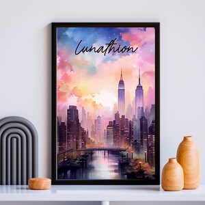 May include: A watercolor painting of a city skyline with a pink, orange, and purple sunset. The painting is framed in black and has the word "Lunathion" written in black cursive at the top.