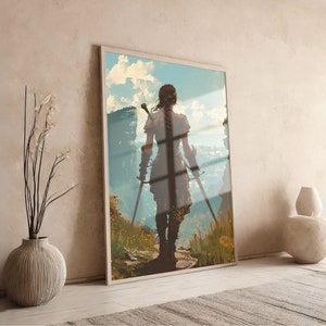 May include: A woman in a brown leather outfit stands on a rocky path, holding two swords. The background is a landscape with a blue sky and white clouds.