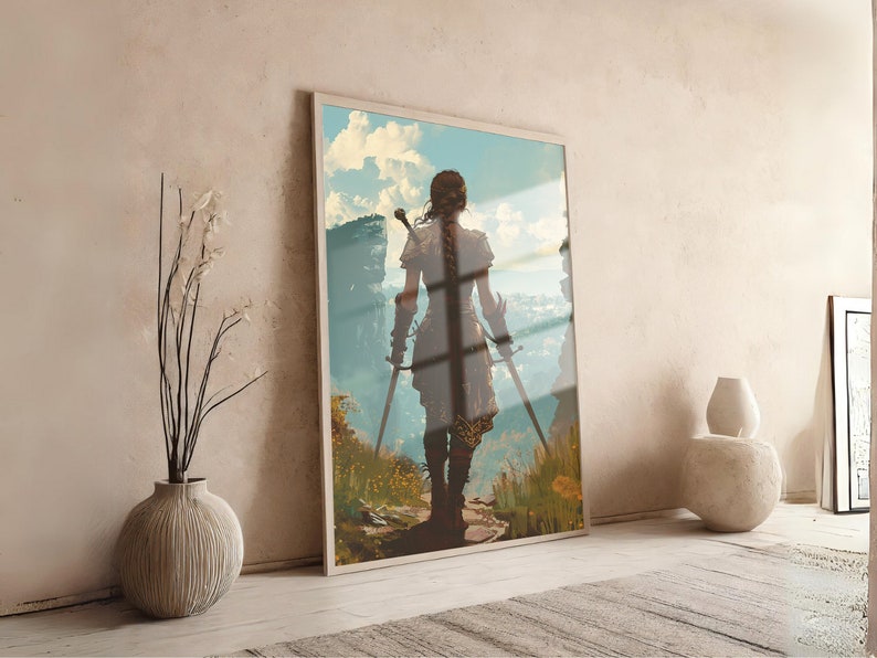 May include: A woman in a brown leather outfit stands on a rocky path, holding two swords. The background is a landscape with a blue sky and white clouds.