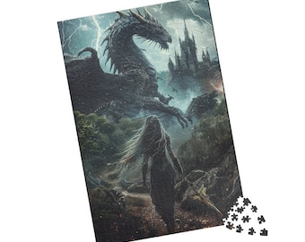 May include: A dark fantasy illustration of a woman with long flowing hair walking towards a large, black dragon in front of a dark castle. The dragon has large wings and is breathing fire.