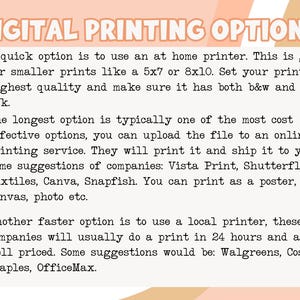 May include: A graphic with the text "DIGITAL PRINTING OPTIONS" in a pink, orange, and yellow color scheme. The graphic lists different options for printing photos and documents, including at-home printing, online printing services, and local printing services. The graphic includes suggestions for companies that offer each type of printing service.