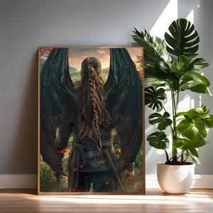 May include: A woman with long brown hair and dark wings stands in a forest setting. She is wearing a dark leather outfit and holding a sword. The background is a blurred image of trees and foliage.