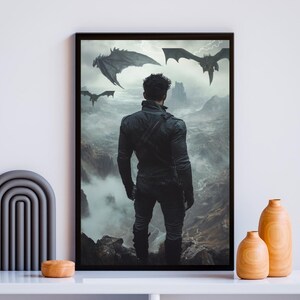 May include: A man in a black leather jacket stands on a rocky cliff, looking out at a foggy landscape.  Three black dragons fly overhead.