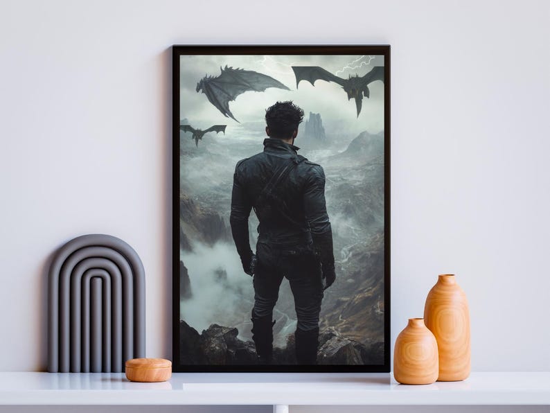 May include: A man in a black leather jacket stands on a rocky cliff, looking out at a foggy landscape.  Three black dragons fly overhead.