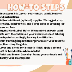 K&ouml;nnte beinhalten: Pfirsichfarbene Grafik mit dem Text &bdquo;HOW-TO STEPS&ldquo; und nummerierten Anweisungen f&uuml;r ein Malen-nach-Zahlen-Set. Die Anweisungen umfassen das Auspacken, Sammeln von Zubeh&ouml;r, das Ordnen von Farben und das Malen. Eine Sammlung von Pinseln und Farbt&ouml;pfen befindet sich unten rechts.
