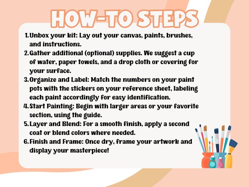 K&ouml;nnte beinhalten: Pfirsichfarbene Grafik mit dem Text &bdquo;HOW-TO STEPS&ldquo; und nummerierten Anweisungen f&uuml;r ein Malen-nach-Zahlen-Set. Die Anweisungen umfassen das Auspacken, Sammeln von Zubeh&ouml;r, das Ordnen von Farben und das Malen. Eine Sammlung von Pinseln und Farbt&ouml;pfen befindet sich unten rechts.