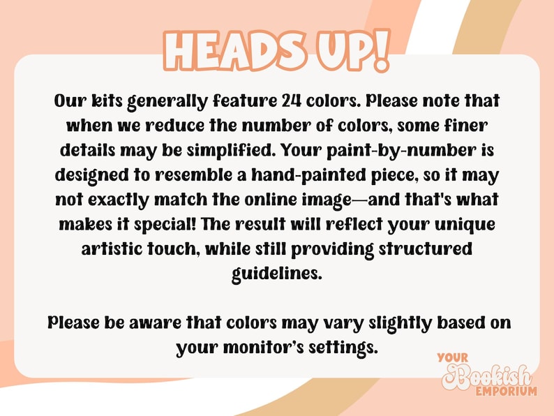 K&ouml;nnte beinhalten: Pfirsichfarbene Grafik mit dem Text &bdquo;HEADS UP!&ldquo; und einer Nachricht &uuml;ber Malen-nach-Zahlen-Sets, einschlie&szlig;lich Farbvariationen und k&uuml;nstlerischen Ergebnissen. Der Text erw&auml;hnt auch, dass die Sets in der Regel 24 Farben enthalten.