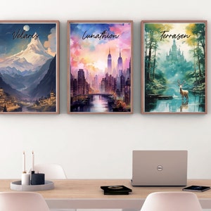 May include: Three framed watercolor paintings with different landscapes. The first painting shows a mountain range with a town at the base, the second painting shows a city skyline with a river, and the third painting shows a forest with a deer standing in a river.