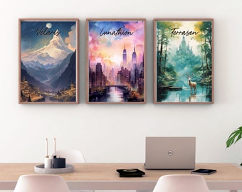 Maasverse World Art Prints: Velaris, Terrasen, Lunathion (digitale download)
