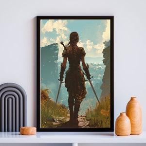 May include: A woman in a brown leather tunic and pants stands on a rocky cliff overlooking a valley. She holds two swords in her hands, one in each hand. The sky is blue with white clouds.