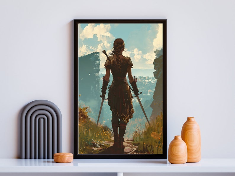 May include: A woman in a brown leather tunic and pants stands on a rocky cliff overlooking a valley. She holds two swords in her hands, one in each hand. The sky is blue with white clouds.