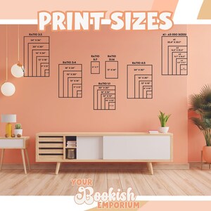 May include: A chart showing different print sizes for artwork, with ratios of 2:3, 3:4, 5:7, 1:1.4, and 4:5. The chart also includes standard A1, A2, A3, and A4 sizes. The chart is on a peach-colored wall with a wooden table and plants in front of it. The text at the bottom of the chart reads "Your Bookish Emporium".