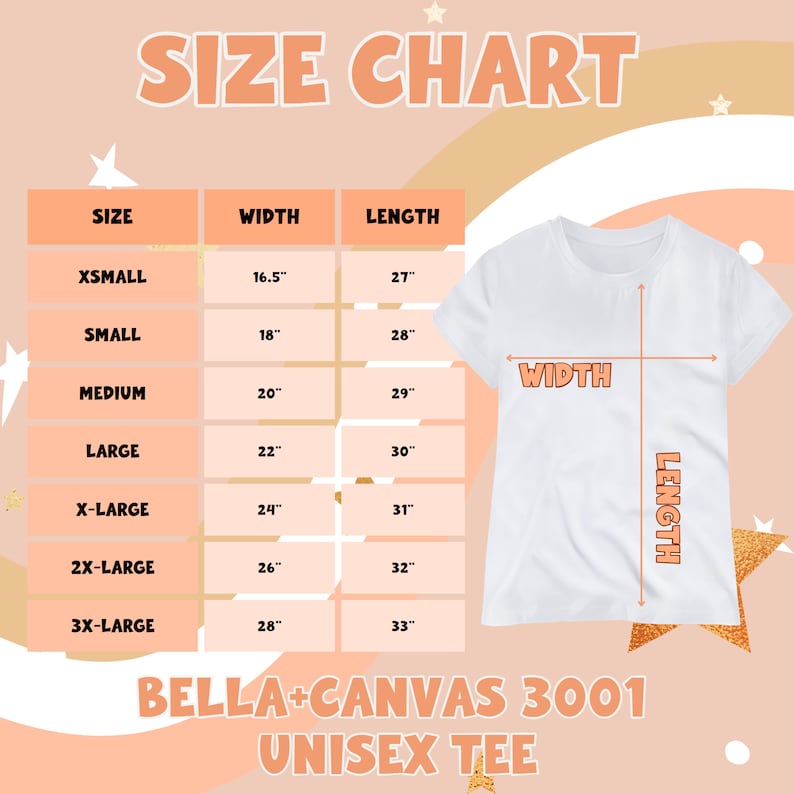 K&ouml;nnte beinhalten: Ein wei&szlig;es Bella+Canvas 3001 Unisex-T-Shirt mit Gr&ouml;&szlig;entabelle. Die Tabelle zeigt Ma&szlig;e f&uuml;r die Gr&ouml;&szlig;en XSmall bis 3XLarge, mit Breiten von 41,9 cm bis 71,1 cm und L&auml;ngen von 68,6 cm bis 83,8 cm.