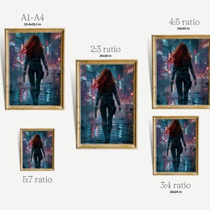 May include: A digital illustration of a woman with red hair walking through a neon-lit city street. The image is available in various aspect ratios, including 2:3, 3:4, 4:5, and 5:7.