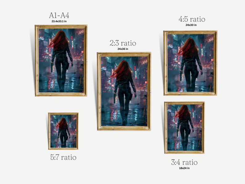 May include: A digital illustration of a woman with red hair walking through a neon-lit city street. The image is available in various aspect ratios, including 2:3, 3:4, 4:5, and 5:7.